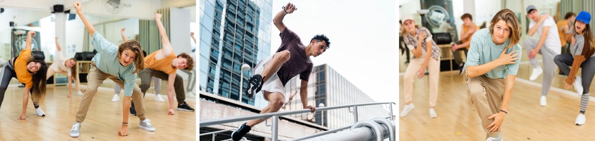Collage mit Jugendlichen beim Tanzen, Parkour und gemeinsamen Training in unterschiedlichen Bewegungssituationen.